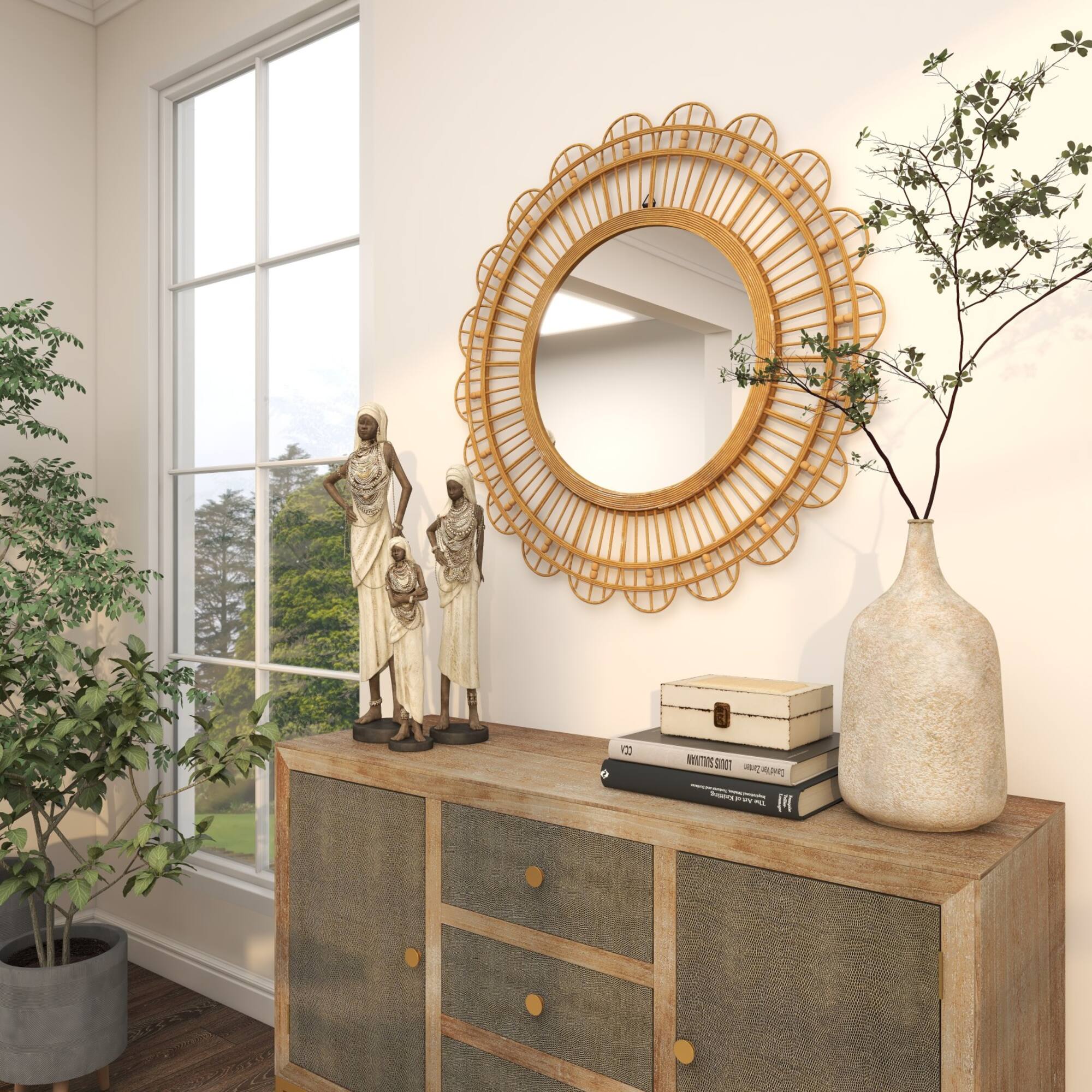 35" Brown Handmade Bamboo Woven Wall Mirror with Beaded Accents